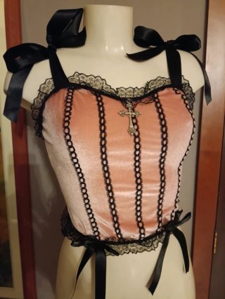 Crop Top Bustino Rosa Antico Velluto Pizzo Croce