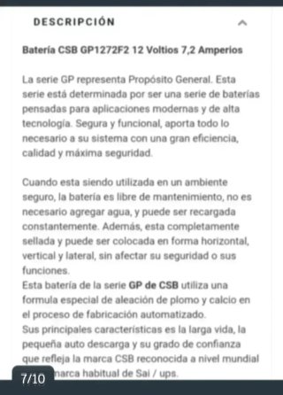Batería CSB 12V 7.2Ah AGM GP 1272 F2