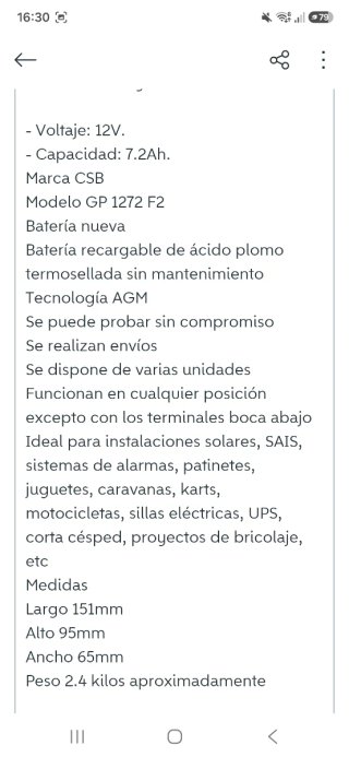 Batería CSB 12V 7.2Ah AGM GP 1272 F2