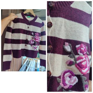 Cardigan Benetton righe fiori tg S