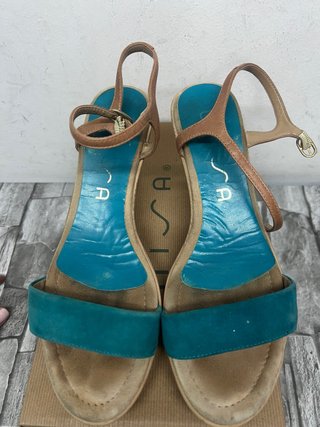 Sandalias cuña marrón y turquesa