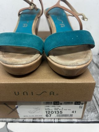 Sandalias cuña marrón y turquesa
