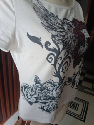 T-shirt Bianca Stampa Teschio Rose Taglia Unica