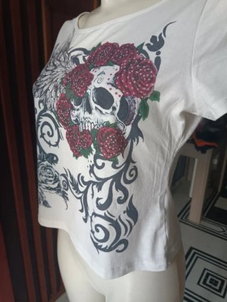 T-shirt Bianca Stampa Teschio Rose Taglia Unica
