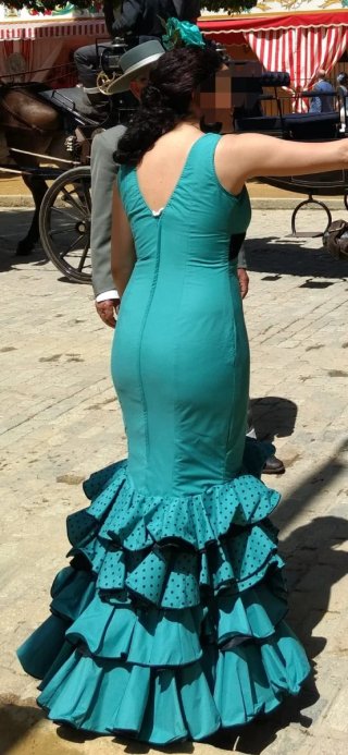 Traje Flamenca Talla 42 Teal Volantes Lunares