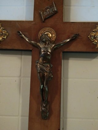 Crucifijo madera latón dorado, cristo de bronce,