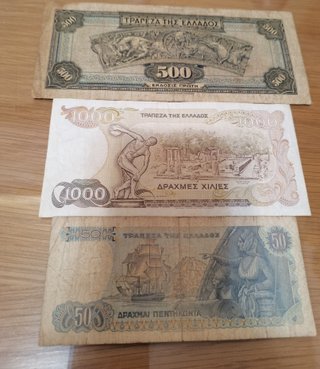 Billetes Grecia 500, 1000 y 50 Dracmas