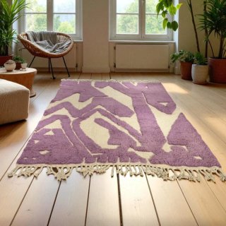 Alfombra Lana Tejida Mano Morado Blanco