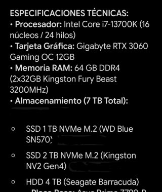PC i7 13gen, 64GB RAM, RTX 3060 12GB, 7TB (3TB SSD