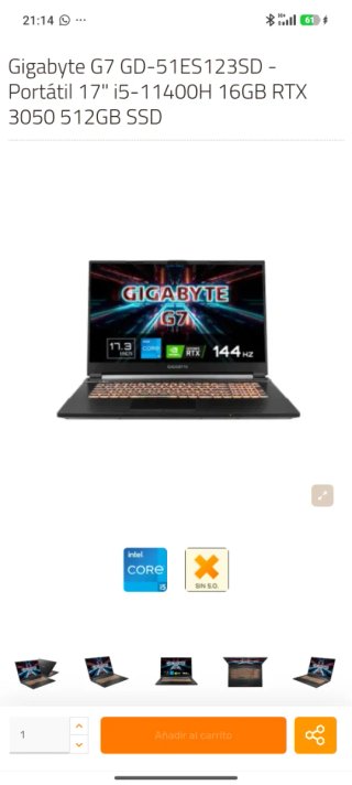 Gigabyte G7 Portátil 17 RTX 3050 512GB SSD