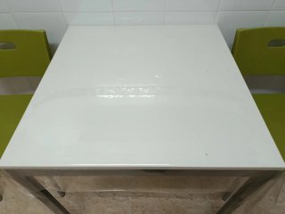 Mesa cocina acero y madera + 2 sillas