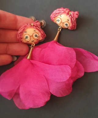 Pendientes niña seda rosa y dorado