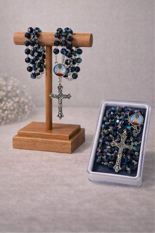 Rosario de cristal azul y plata