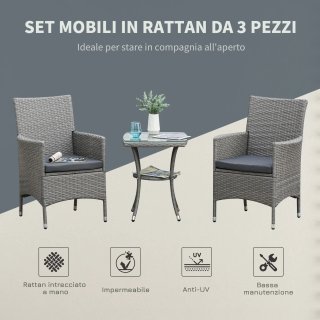 Set Giardino 3 Pezzi in Rattan PE Acciaio Grigio