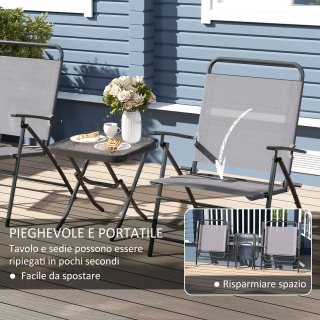 Set da Giardino Tavolo in Vetro e 2 Sedie Grigio
