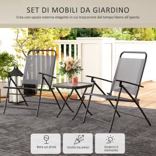 Set da Giardino Tavolo in Vetro e 2 Sedie Grigio