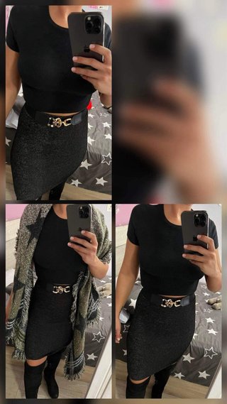 Falda tubo negra con efecto brillante.