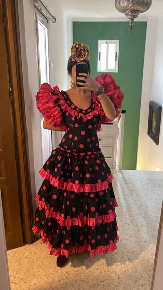 Traje Flamenca Mujer Negro Lunares Rosa