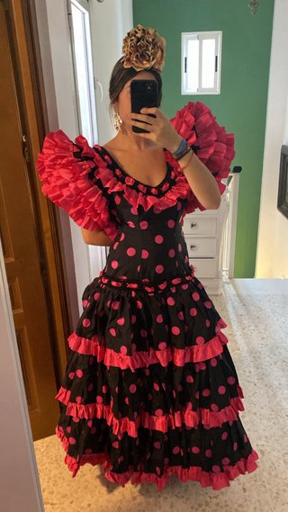 Traje Flamenca Mujer Negro Lunares Rosa
