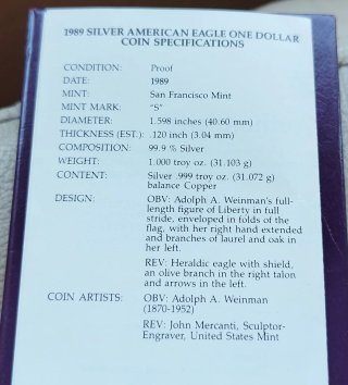 Deslumbrante Oz pura plata PROOF American Eagle 89
