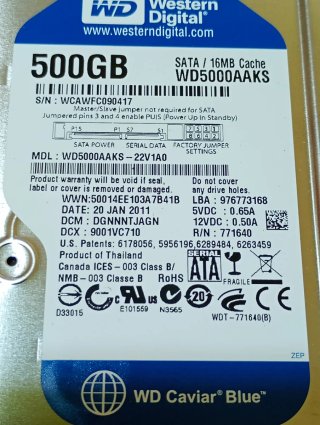 UNITÀ HDD WESTERN DIGITAL MOD. WD5000AAKS 500GB