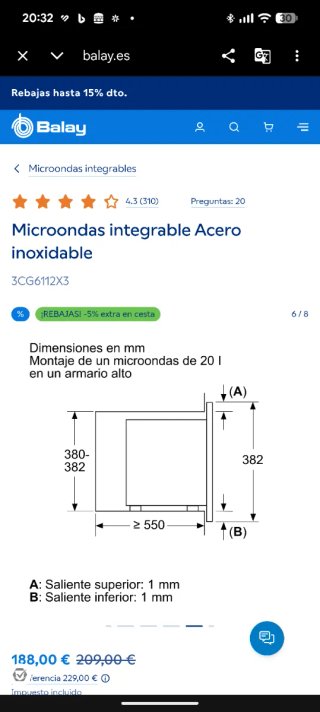 Microondas integrable Balay 3CG6112X3/01