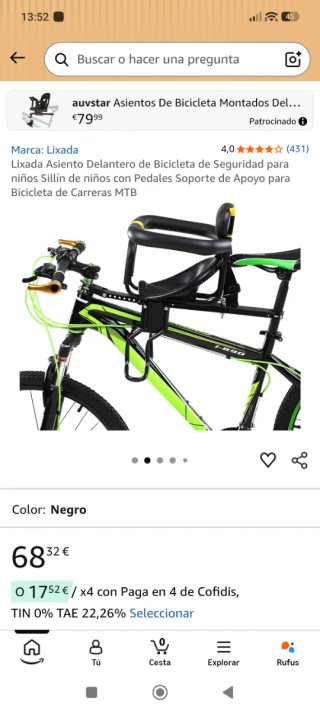 Asiento delantero bici infantil,