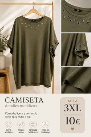 Camiseta CA detalles metálicos verde militar Talla