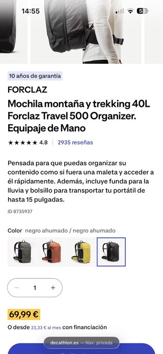 Mochila Forclaz Travel 500 Organizer 40L