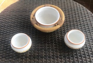 Set 3 Vasi/ciotole Ceramica/Bambù dipinti a mano