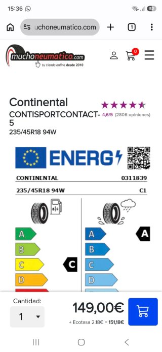 Neumático Continental 235 45 R18 W