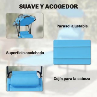 Tumbona plegable azul con parasol