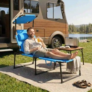 Tumbona plegable azul con parasol