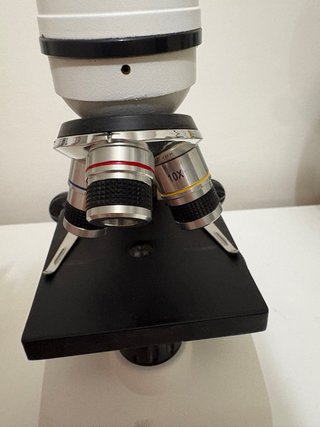 Microscopio blanco con 4x objetivo