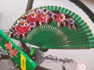 Abanico Medina Flores Rosas Verde