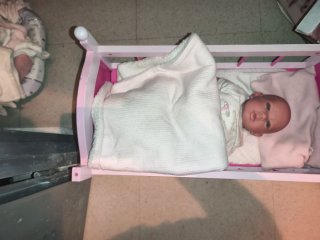Cuna de muñeca rosa con accesorios y muñeca