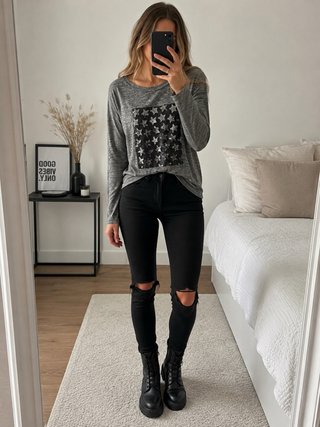 Camiseta Zara estrellas lentejuelas gris