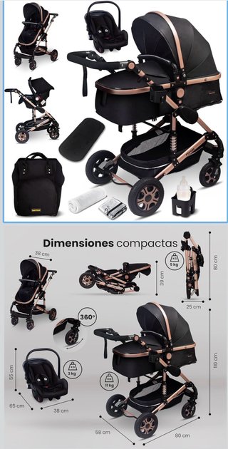 Carrito de bebé negro y dorado
