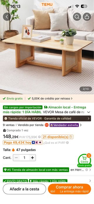 Mesa de centro madera y ratán