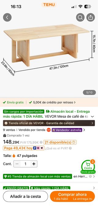 Mesa de centro madera y ratán