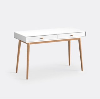 Escritorio blanco con patas de madera
