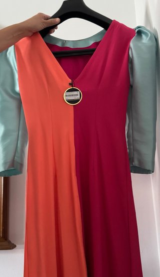 Vestido fiesta naranja, turquesa y fucsia. Talla S