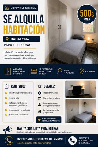 Se alquila habitación en Badalona – 500 €/mes