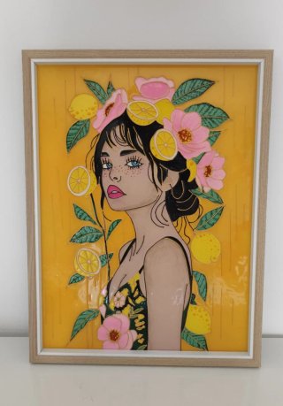 Cuadro Pintura Vidrio Mujer Flores