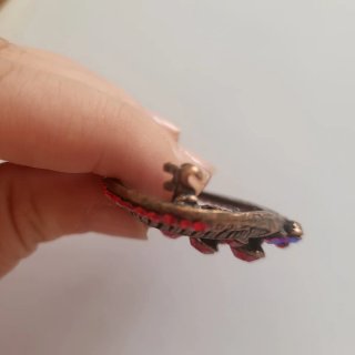 Broche rojo con cristales brillantes.