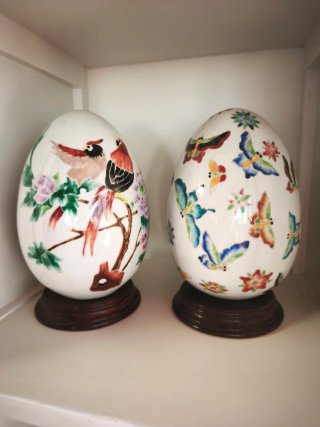 Pareja huevos porcelana China vintage pájaros mari