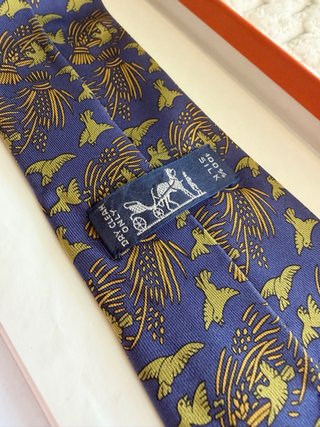 Corbata Hermes Seda Pajaros Espigas Azul Verde