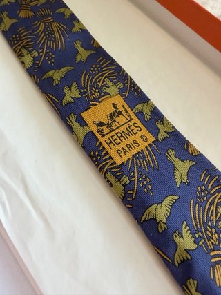 Corbata Hermes Seda Pajaros Espigas Azul Verde