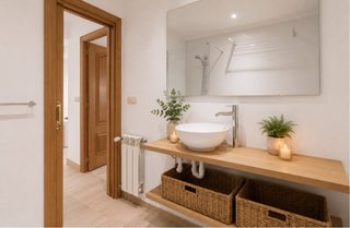 Lavabo de baño con grifo y dos baldas.