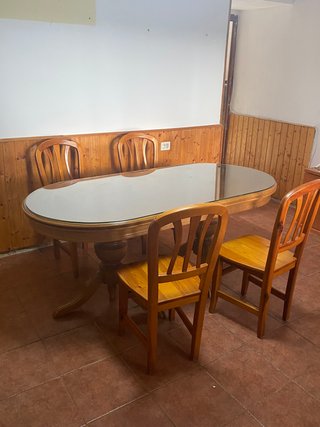 Mesa cristal y madera rústica + 4 sillas